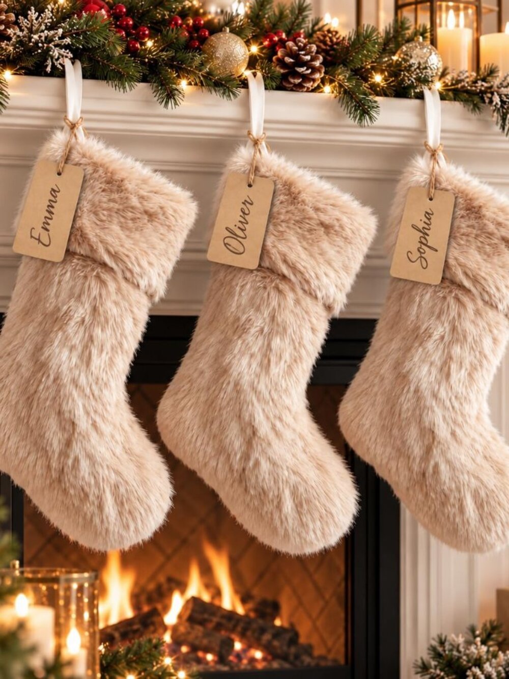 3 Pack 18 Inch Christmas Stockings Beige Faux Fur Hanging Ornaments Candy Gift B